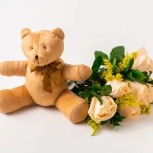 Buquê de Rosas Champagne e Pelúcia
