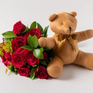 Buquê de Rosas Vermelhas e Pelúcia