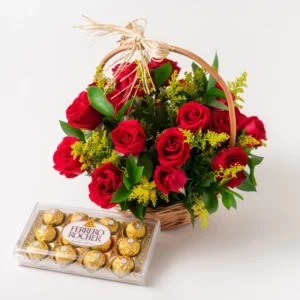 Cesta com Rosas Vermelhas e Chocolate