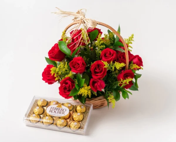 Cesta com Rosas Vermelhas e Chocolate