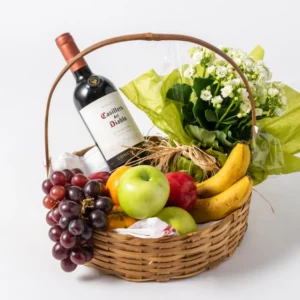 Cesta de Frutas, Flores e Vinho Tinto