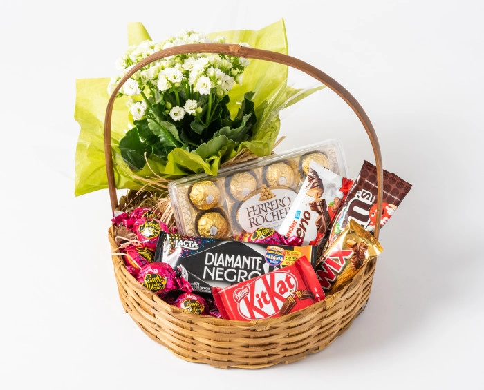 Cesta de Café com Chocolate e Flores Luxo